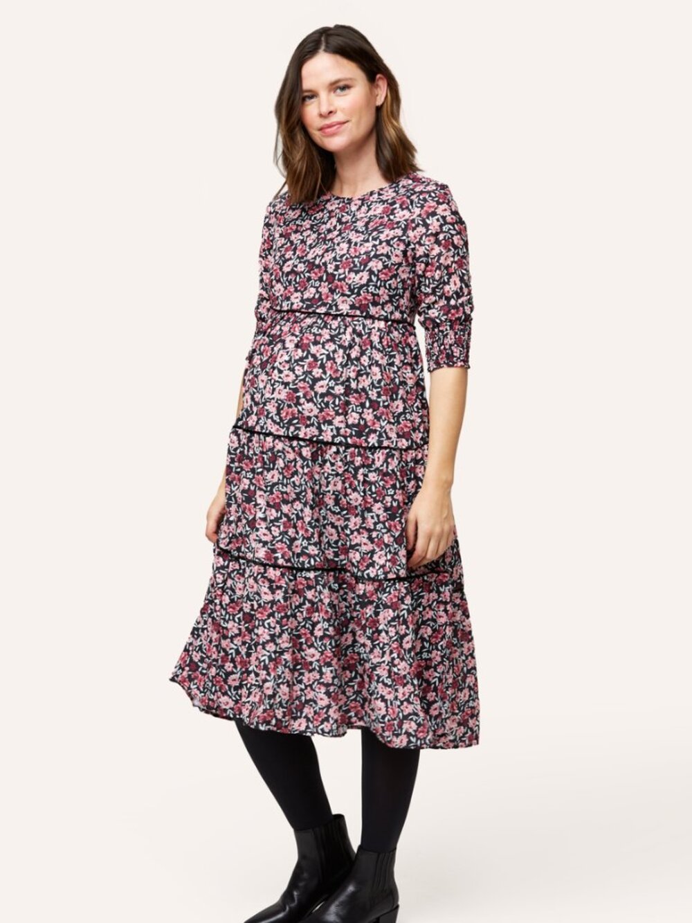 NOM Maternity Aurora Winter Floral Boho Tiered Midi Nursing Dress Sz Small $148